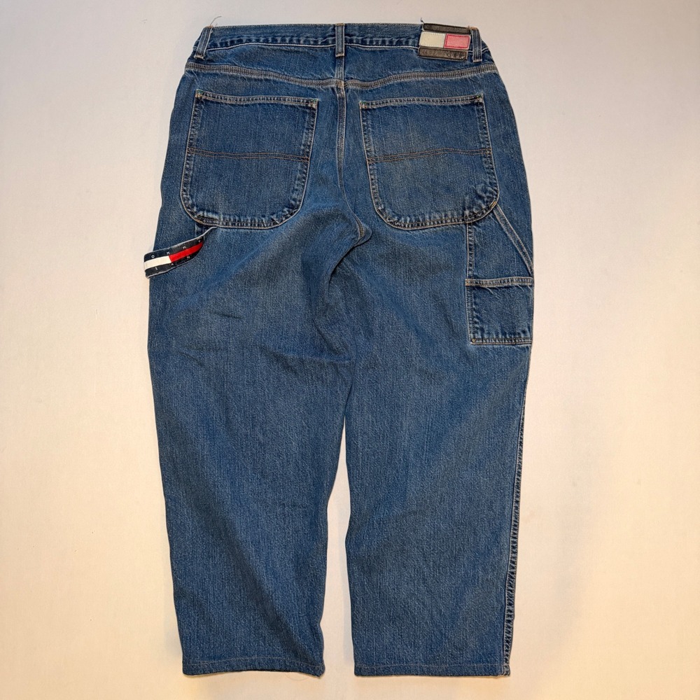 90s Tommy Jeans Carpenter Pants Mens 34x26.5 Blue Leather Logo Wide Leg Hip Hop